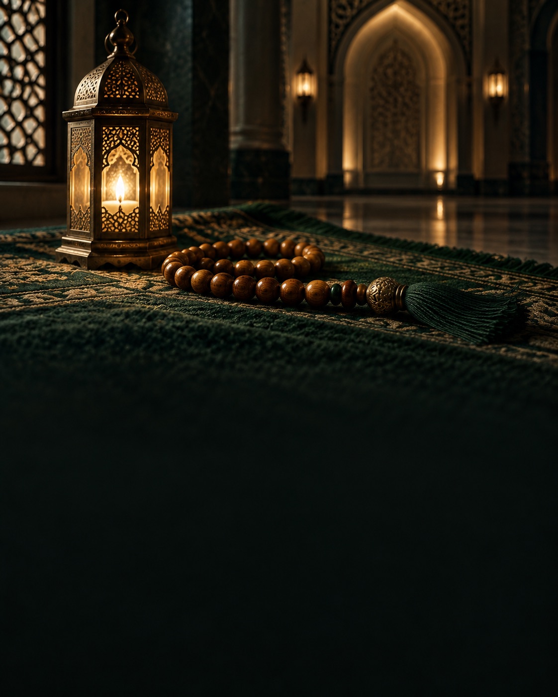 Prayer beads beside a lantern